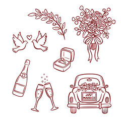 Elegant wedding line art illustration set with just married car, rings, doves, and rose bouquet © MeyImaniar