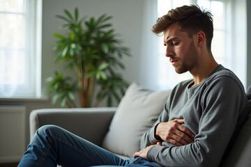 Fototapeta premium Sofa-bound young man grimacing in discomfort, clutching his stomach from nausea in close-up photo.
