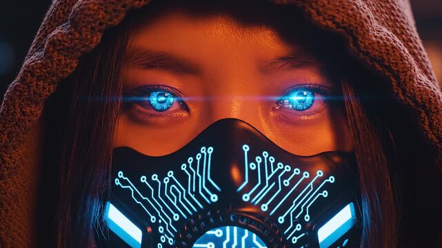 Mysterious Woman with Glowing Mask anonymous hacker