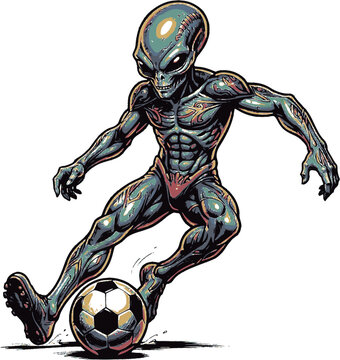 alien playing soccer isolated on transparent. design for tattoo art, sticker, decal, t shirt, printing and apparel