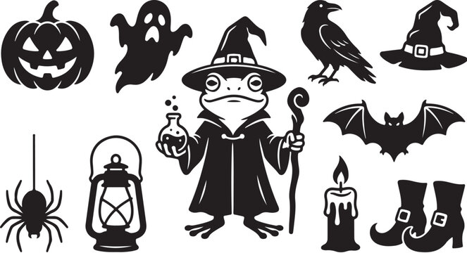 Halloween icons and a cartoon frog wizard character