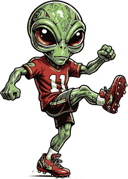 alien playing soccer isolated on transparent. design for tattoo art, sticker, decal, t shirt, printing and apparel
