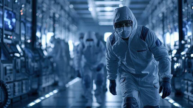Cleanroom technician in semiconductor factory, masked worker in protective suit, industrial aisle, blue light