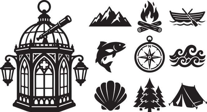 Travel Adventure Icons and Symbols in Black