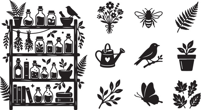 Black and white illustration of gardening tools shelf