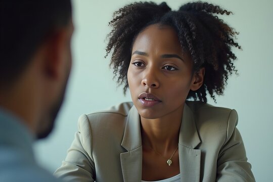 Close-up of a young black woman feeling uncomfortable and harassed by a male coworker at the office.