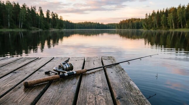 A tranquil scene of a fishing rod leaning against a rustic wooden dock by a calm lake, framed by dense forest under warm evening light.