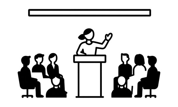 dynamic female speaker stands confidently conference podium hand gesturing emphatically soft overhead lighting