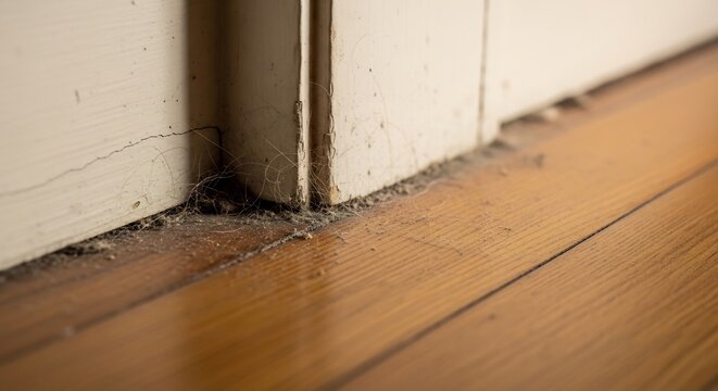 Dusty Cobweb Gathered Along White Door Frame on Wooden Floor