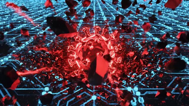 Red viruslike structure on digital grid ideal for tech startups and software commercial themes