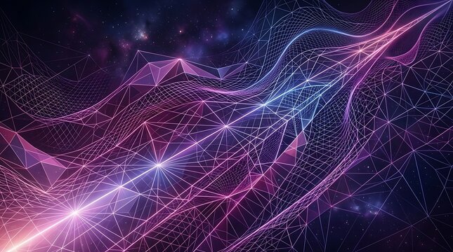 A vibrant, futuristic geometric pattern with neon lights set against a dark space background