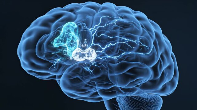 Human brain with highlighted neural activity emphasizing futuristic concepts and connectivity