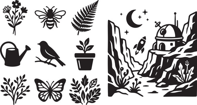 Whimsical Black and White Nature Scene Illustrations Set
