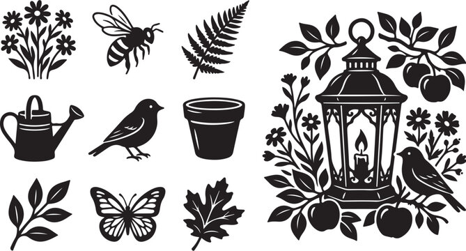 Nature Icons with Lantern and Garden Elements Combined