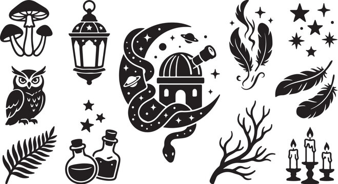 Whimsical black and white mystical illustration set