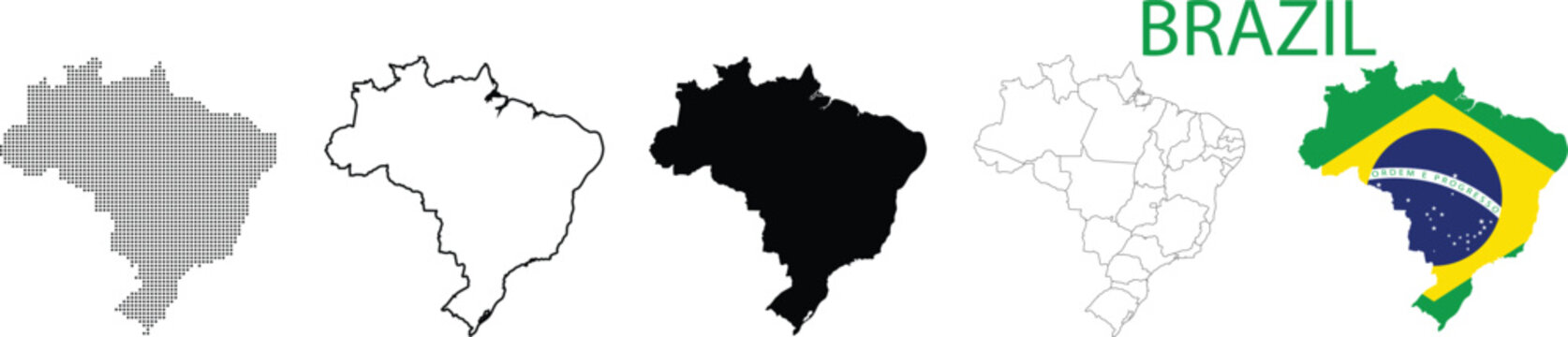 Brazil map collection, detailed country silhouette, state borders, patterned and flag map icon