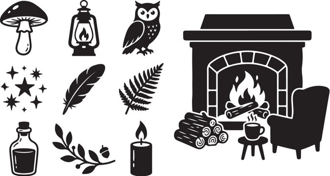 Cozy Witchcraft Symbols and Fireplace Vector Illustrations