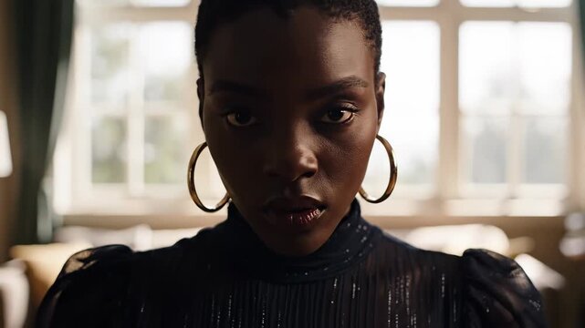 Close-up portrait of a young Black woman with hoop earrings and a serious expression, looking directly at the camera.