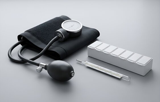 Photorealistic commercial stock photo of anonymous medical devices with clean lighting and white border.