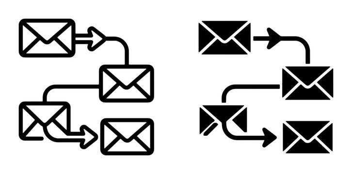 Email Workflow Icons, Communication Flow Diagrams, Message Delivery Sequences, Digital Correspondence Network Graphics