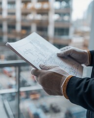 Naklejka premium Gloved Hands Reviewing Blueprint Plans On Construction Site
