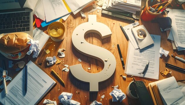 Dollar Sign Amidst Cluttered Workspace - Financial Stress and Overwork.