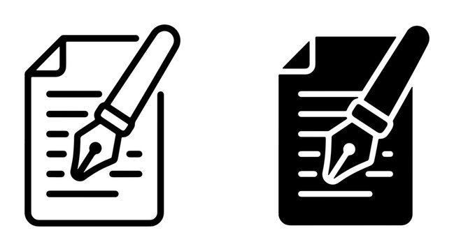 Writing Icons, Pen and Paper Symbols, Document Creation Graphics, Editorial Tools, Creative Process Vector Set