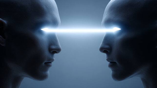 Two humanoid figures with smooth, featureless faces facing each other, emitting a bright beam of light from their eyes in a futuristic, dark environment