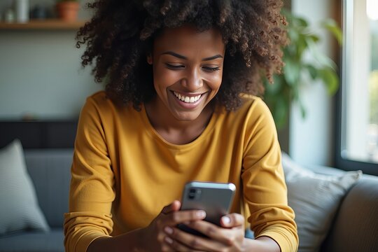 African American woman monitors credit score on mobile app, demonstrating financial prudence and savvy money habits.