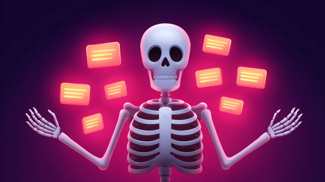 Cartoon skeleton character with a cheerful expression juggling glowing message cards against a dark purple background, creating a playful and whimsical atmosphere