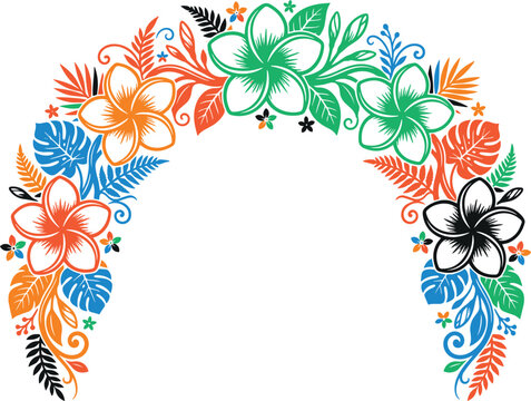 Colorful floral corner border with hibiscus and tropical leaves. Summer, Hawaiian, luau, and nature frame vector design.