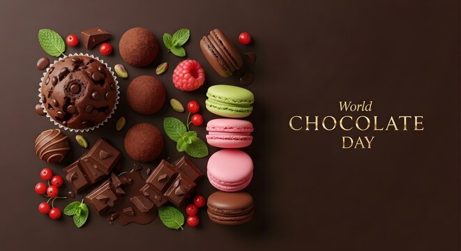 Assorted chocolates and macarons for world chocolate day