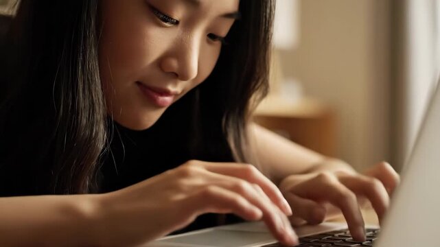 Young woman typing on laptop while looking down with soft natural light indoors