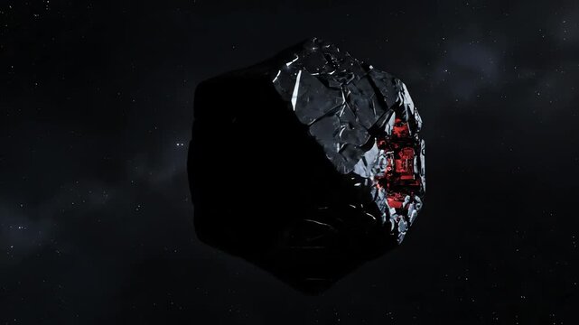 Abstract Dark Geometric Object with Glowing Red Core in Outer Space