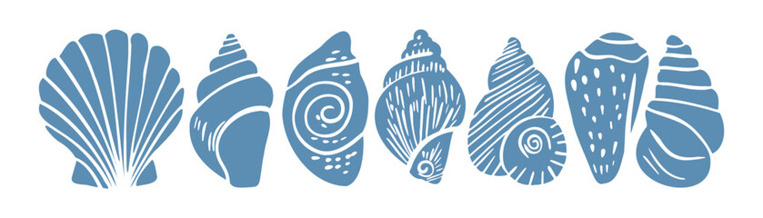 Set of blue linocut seashell and scallop silhouettes with engraved spiral details, simple abstract vector illustration for coastal nautical mediterranean design © Maria Petrish