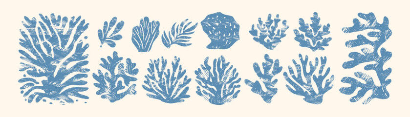 Set of blue linocut coral and seaweed silhouettes, rustic woodcut style, simple abstract marine shapes, isolated vector illustration for coastal nautical design © Maria Petrish