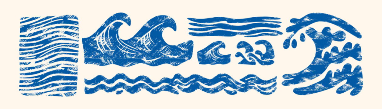 Blue ocean wave vector set in rough crayon linocut texture &mdash; sea water illustrations for retro nautical stamp, surf clipart, rustic marine pattern and summer design