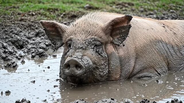 Pig Relaxing and Cooling Off in a Refreshing Mud Bath on a Farm