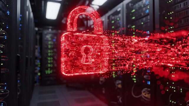 Cybersecurity breach in a server datacenter with a glowing padlock under attack. Digital data leak, malware threat, and ransomware intrusion across network infrastructure. Online privacy protection