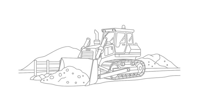 Line art illustration of a bulldozer pushing dirt and rocks, construction, heavy machinery, and earthmoving equipment