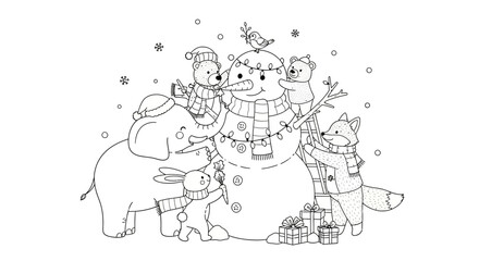 Fototapeta premium Cute cartoon animals building a snowman, festive winter scene with Christmas lights and presents, black and white line art for coloring