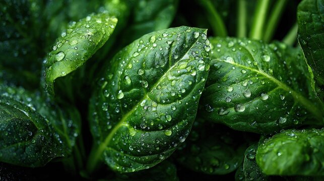Close-up of lush spinach leaves glistening with morning dew in a dense green garden.