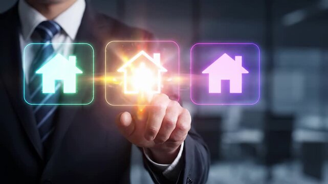 Businessman in a suit touches a virtual house interface to select real estate property. Smart home buying, online mortgage investment, and digital agent service for modern residential market.