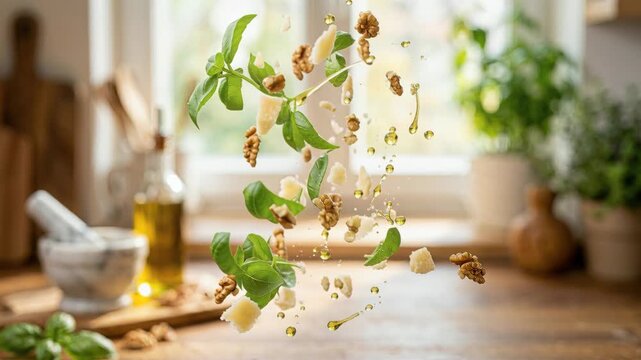 Pesto ingredients preparing, floating in a kitchen. Parmesan flakes, basil and walnuts levitating with olive oil.