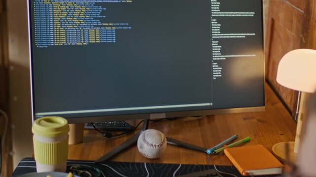 Handheld shot of male Caucasian freelancer eating noodles from box with chopsticks while coding on computer at home