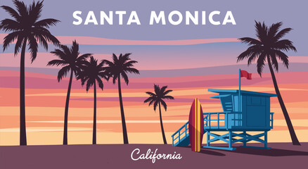 Obraz premium Santa Monica California Retro Sunset Vector Illustration with Palm Trees and Lifeguard Stand