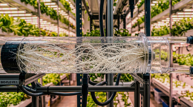 Hydroponic root system macro in transparent nutrient pipe with LED glow