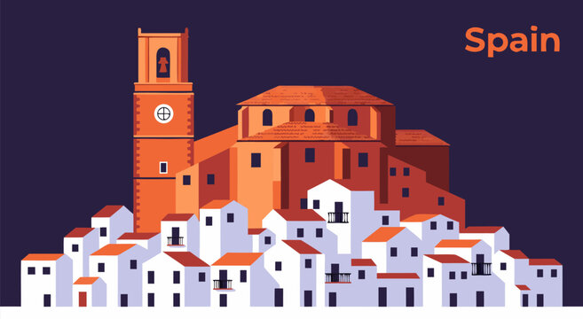 Vector illustration of a historic Spanish village with whitewashed houses and a prominent church tower under a night sky