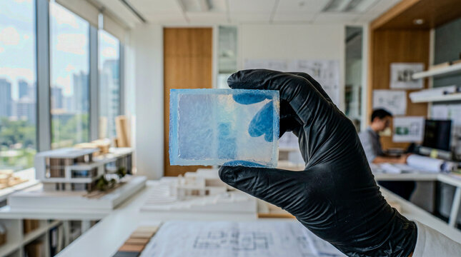 High-tech aerogel sample in hand with bright minimalist office background