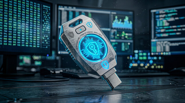 Futuristic security token in dark room with cinematic data glow and bokeh